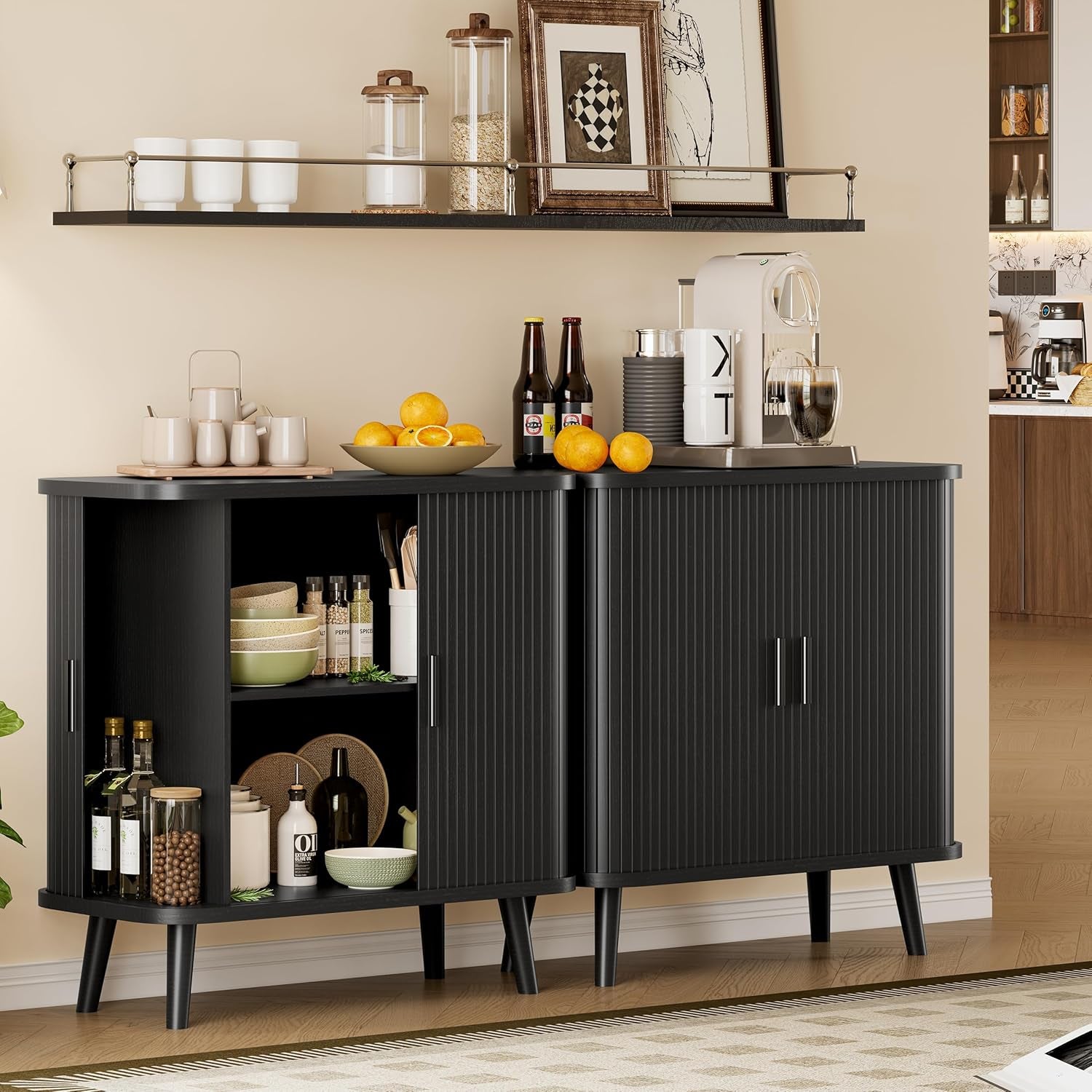 Sideboard Buffet Cabinet with Sliding Door, 31.5" Wide Fluted Modern Accent Storage Cabinet with Adjustable Shelves, Wood Coffee Bar Buffet Console Table for Kitchen, Dining Room, Living Room, Black