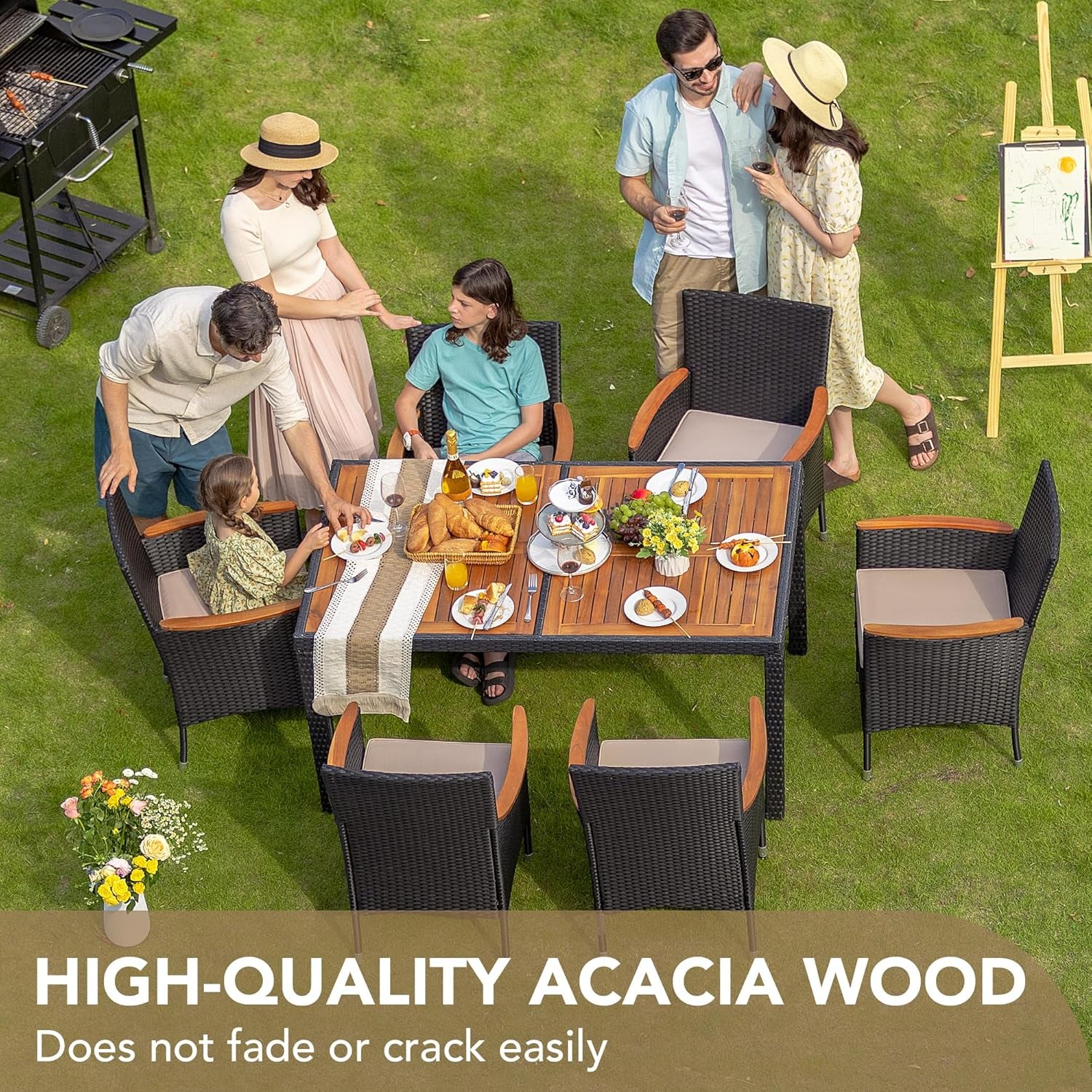 Dining 7 PCS Furniture, Patio Conversation Set with Acacia Wood Table Top, Outdoor, Beige Cushion and Black Rattan