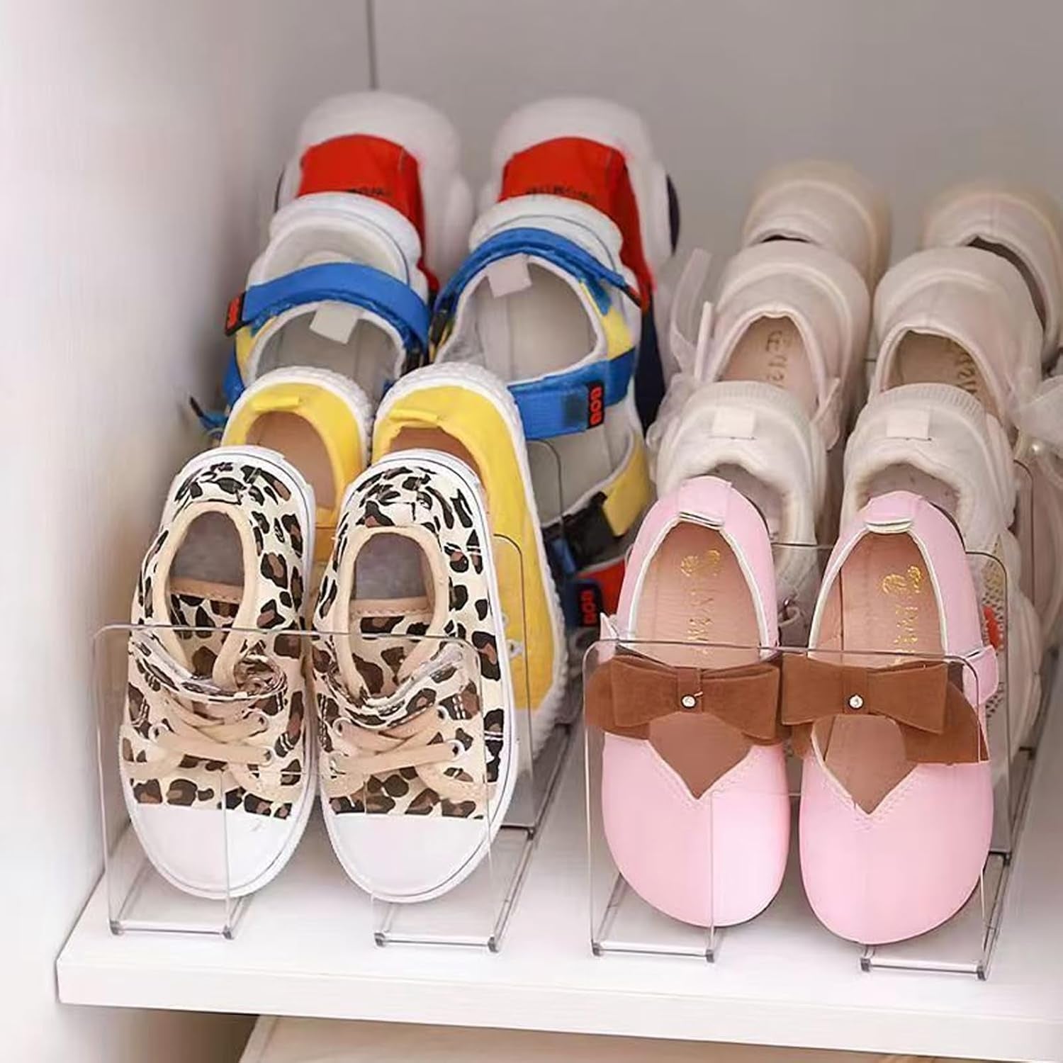 Clear Acrylic Kids Shoe Rack for Closet Organizers and Storage | 2 Pack Small Shoe Rack 4 Sections Toddler Baby Shoe Storage Organizer Stackable Shoe Shelf, Desk File Sorter Book Purse Organizer