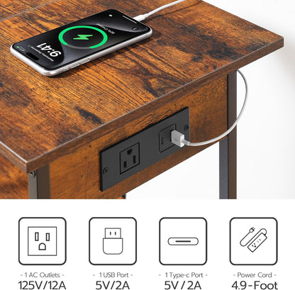 Record Player Stand with Charging Station and LED, Turntable Stand with Storage, 3 Tier End Table Hold up to 100 Albums, Record Table for Vinyl, Living Room, Rustic Brown and Black BF06UDRS01