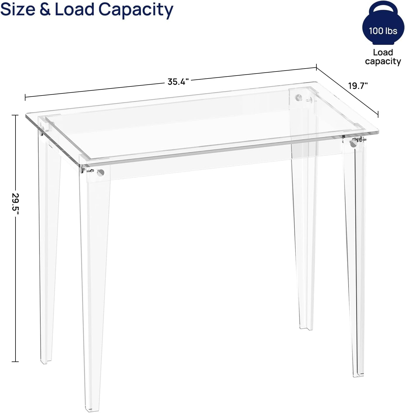Small Acrylic Computer Desk, 35.4 Inch, Clear Study Desk for Home Office, Writing, Vanity, Modern, Easy Assembly, 19.7" W X 29.5" H, Right-Angle Legs Design