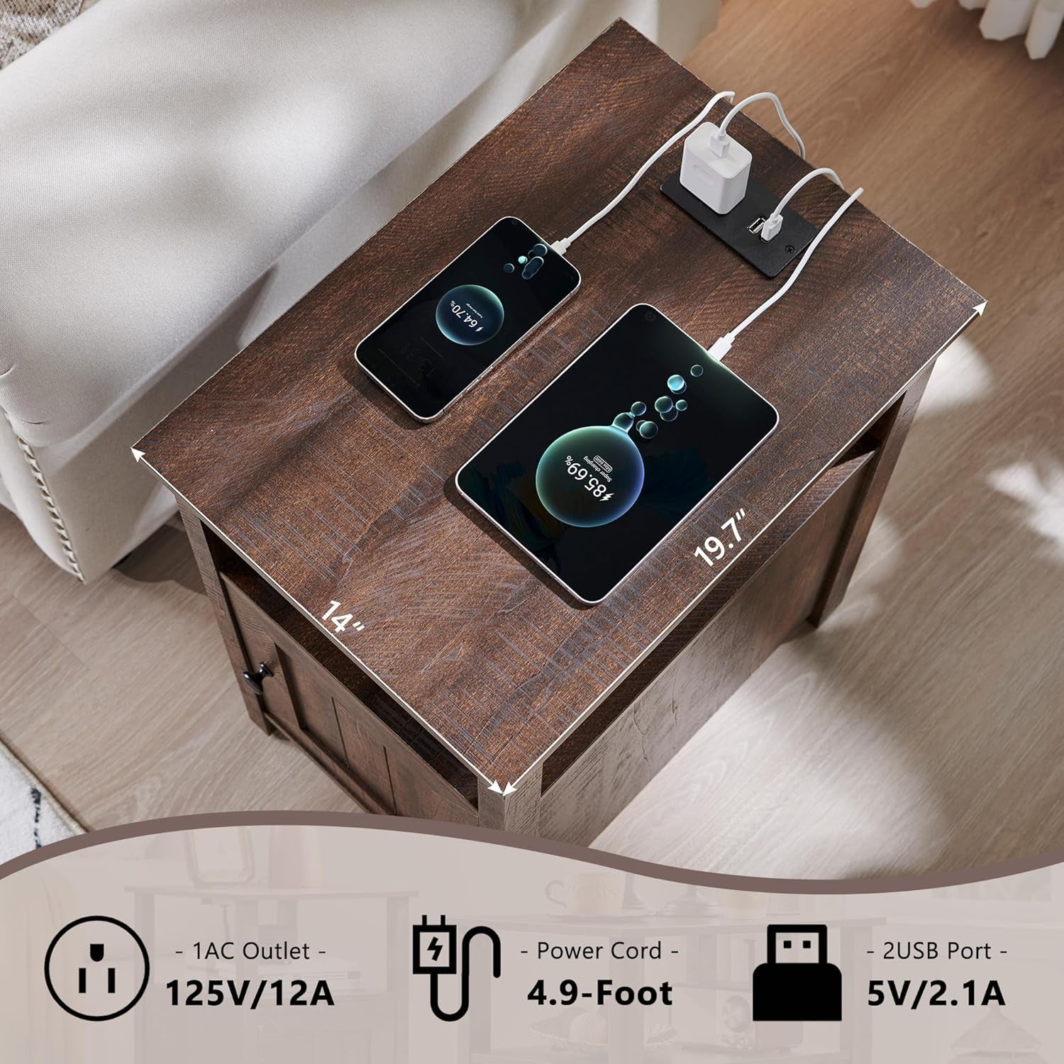 Farmhouse Nightstands Set of 2, Narrow Bedside Table with Charging Station, Night Stand Set 2 with Storage & Open Shelf, End Tables W/Groove Barn Door for Bedroom, Living Room-Brown