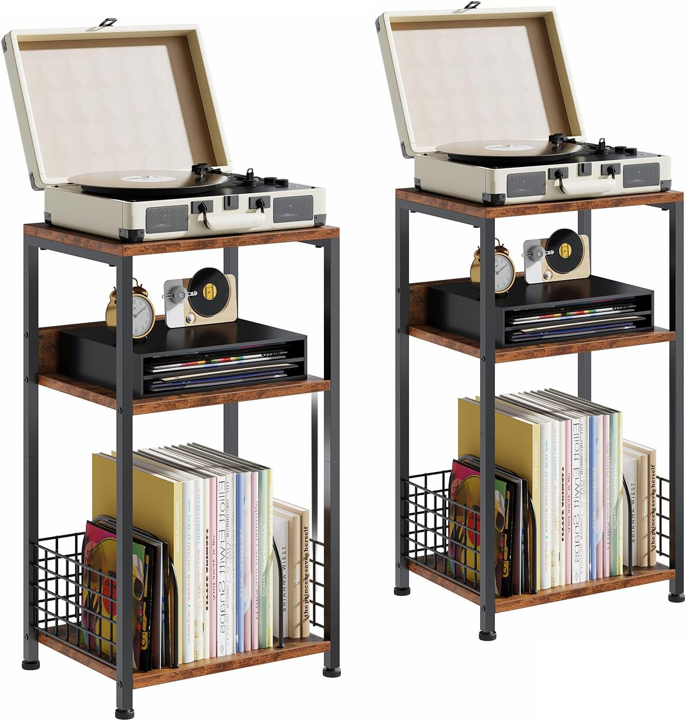 3 Tier Side Table, 2 Pack Record Player Stand with Storage up to 100 Albums,Turntable Stand for Vinyl,Brown Records Shelf for Living Room Bedroom