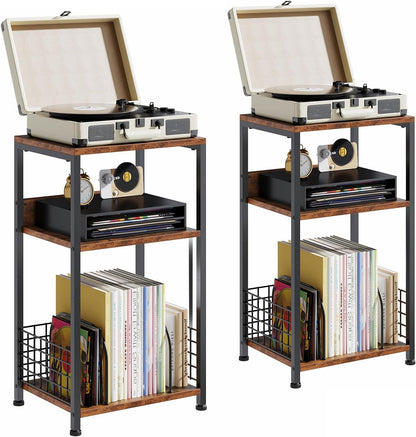 3 Tier Side Table, 2 Pack Record Player Stand with Storage up to 100 Albums,Turntable Stand for Vinyl,Brown Records Shelf for Living Room Bedroom