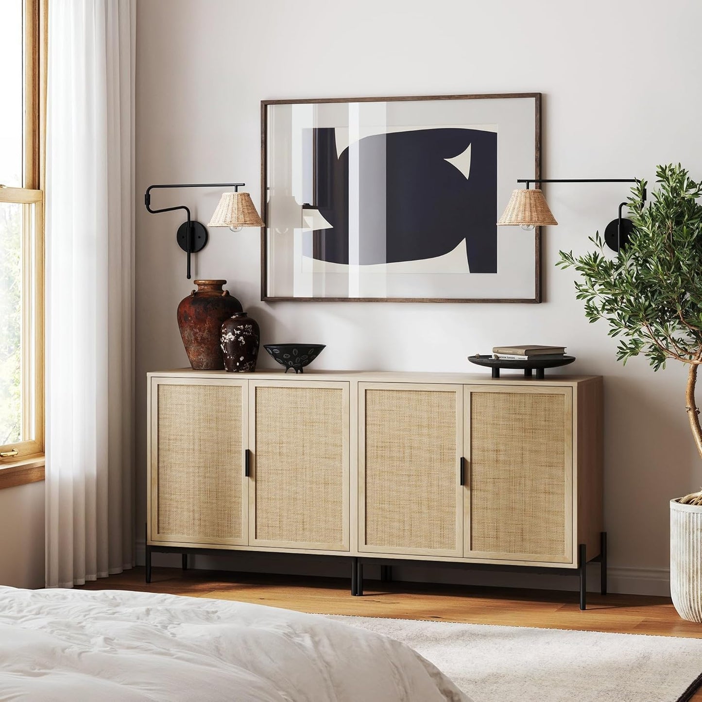 Andrew Bohemian Entryway Storage Cabinet or Kitchen Sideboard Credenza, Rattan Accent Cabinet with Metal Legs, Light Oak/Matte Black