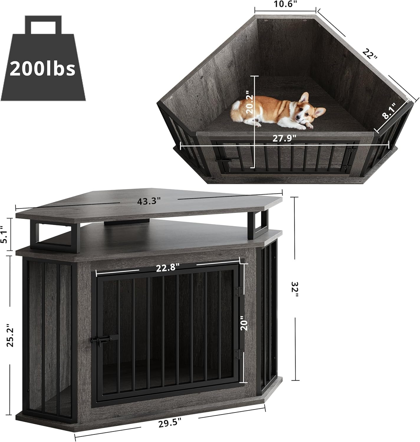43.3" Corner Dog Crate with 2-Tier Shelves, Wooden Dog Kennel Furniture for TV Stand, Dog Cage Indoor for Small and Medium Dogs, Gray (23.6" L X 43.3" W X 32" H)
