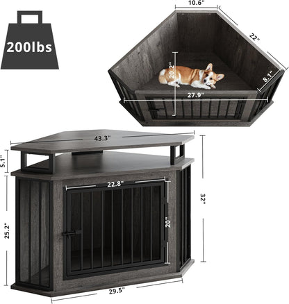 43.3" Corner Dog Crate with 2-Tier Shelves, Wooden Dog Kennel Furniture for TV Stand, Dog Cage Indoor for Small and Medium Dogs, Gray (23.6" L X 43.3" W X 32" H)