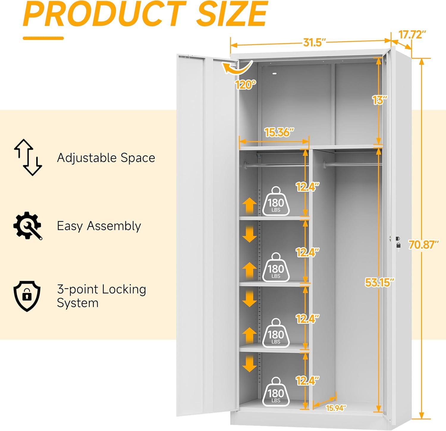 71" H Metal Armoire Wardrobe Cabinet with Doors and Shelves,5-Tire Wardrobe Closet with Rod,Adjustable Steel Locking Cabinet for Home Office,Bedroom,Garage,Laundry (White)