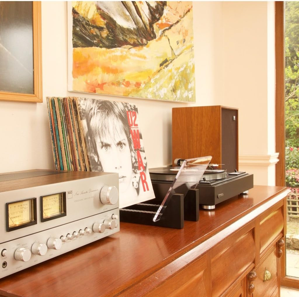 Vinyl Record Storage - Solid Wood with Crystal Clear Acrylic Holder - Premium Design, Perfect 12" Lps or 7" Singles Display Unit - Stores and Supports up to 50 Albums (Modern Black)