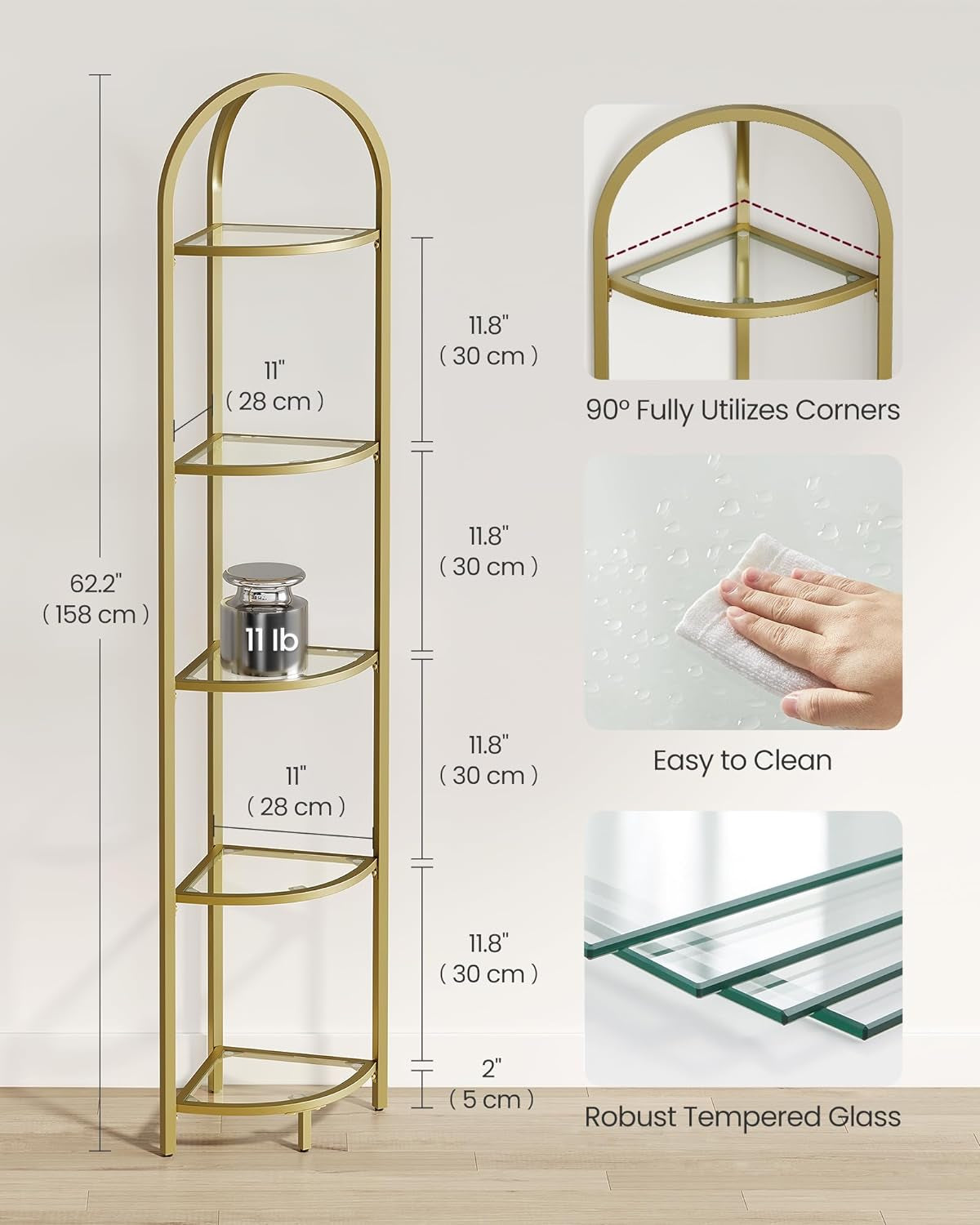 5-Tier Corner Shelf Stand, Corner Bookshelf, Bathroom Organizer, Plant Stand, Tempered Glass, Steel Frame, Modern Style, for Living Room, Bathroom, Kitchen, Metallic Gold ULGT810A01
