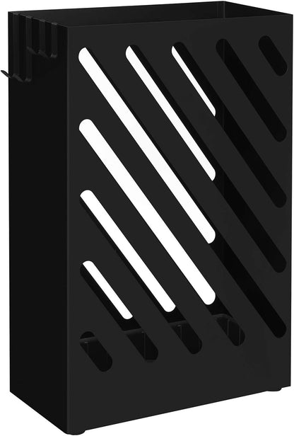 Metal Umbrella Stand, Rectangular Umbrella Holder Rack, with a Removable Drip Tray, 4 Hooks, Hollow-Out Design, for Entryway, Office, Black ULUC03BK