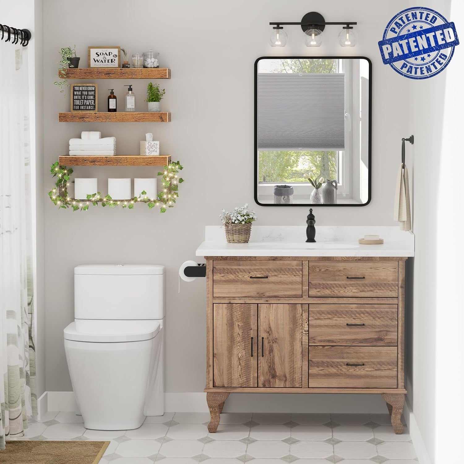 Bathroom Floating Shelves for Wall - Shelf over Toilet Paper Storage with Led Lights and Leaves Farmhouse Decor Small 16 Inch Set of 3, Brown (L019BN3)