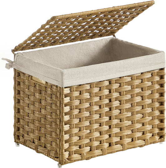 Storage Basket with Lid, Woven Blanket Storage Bin with Handles, Foldable, Removable Liner, Metal Frame, for Bedroom, Laundry Room, 9.2 Gallons (35 L), Natural URST040YE01