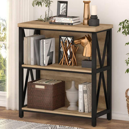 Small Bookcase, Wood and Metal Low Short Bookshelf, Industrial Book Case and Rustic Book Shelf for Small Space (Rustic Oak)