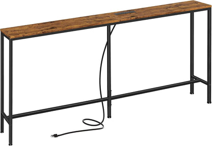 70 Inch Console Table with Outlet, Sofa Table with Charging Station, Narrow Entryway Table, Skinny Hallway Table, for Living Room, Rustic Brown