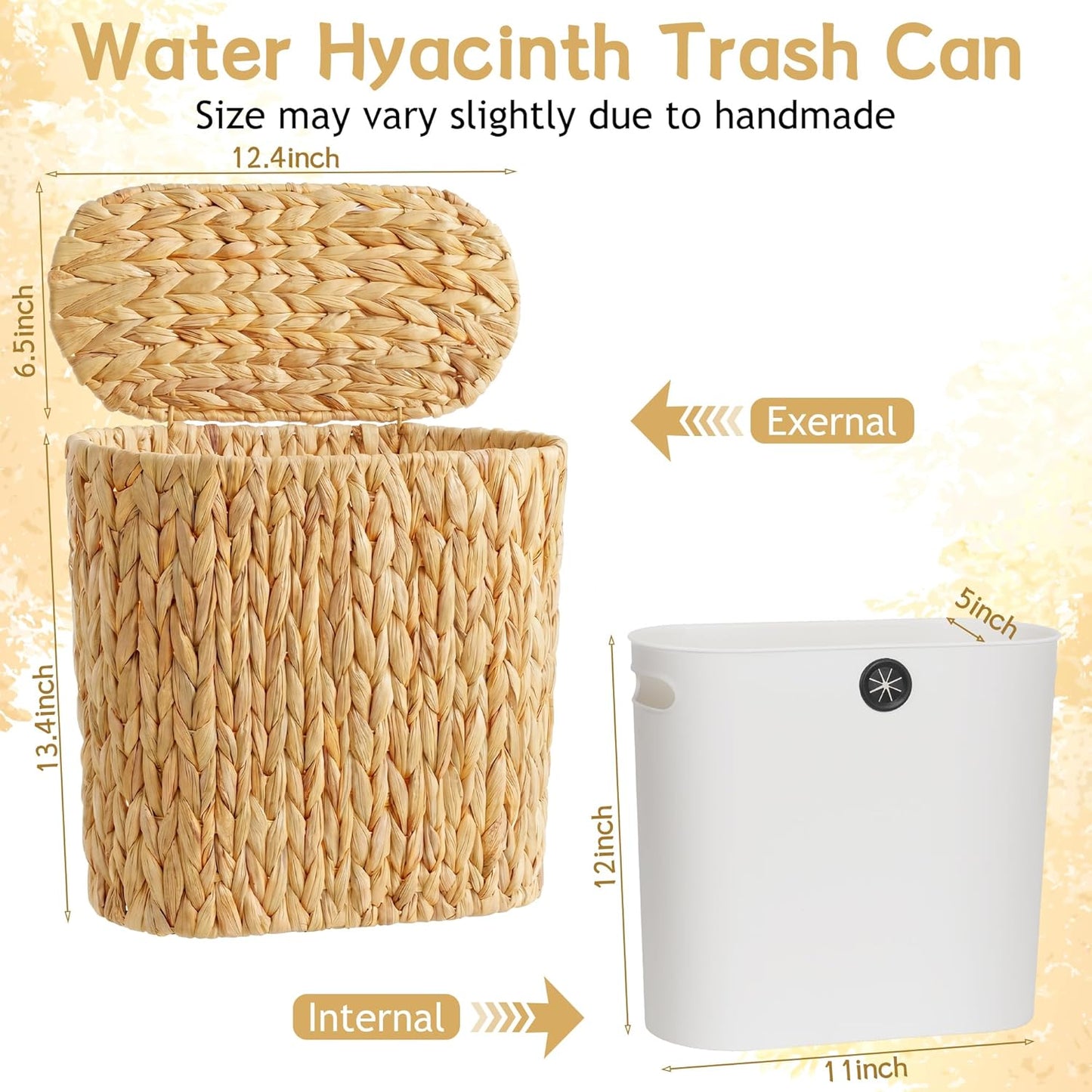 3 Gallon Wicker Trash Can, Bathroom Trash Can with Lid, Narrow Natural Water Hyacinth Waste Basket with Removable Liner, Boho Garbage Can for Bedroom, Office, Small Spaces Living Room, Toilet