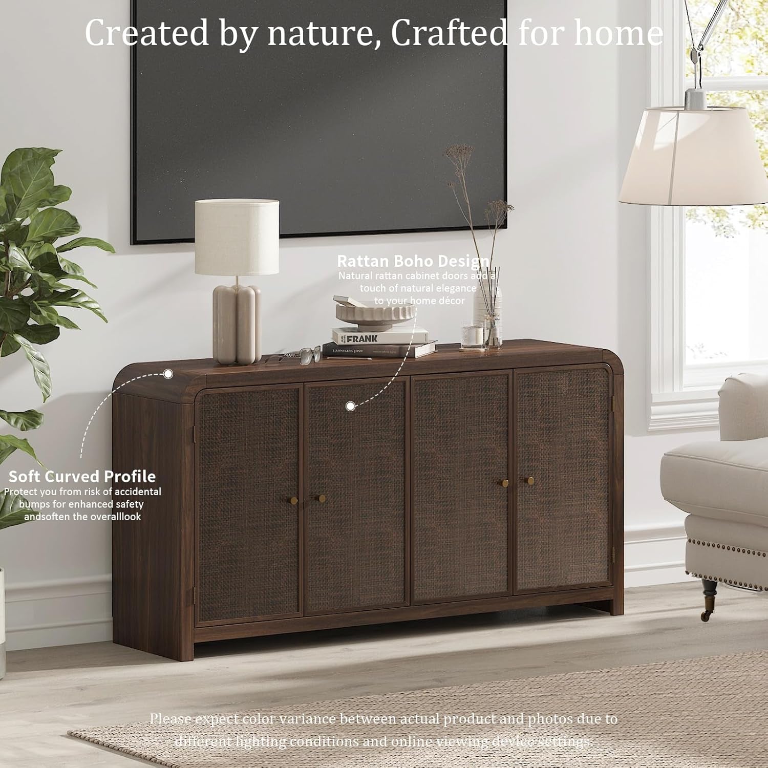 Oak Sideboard Buffet Cabinet with Storage, 60'' Boho Buffets & Sideboards with Adjustable Shelves, Rattan Sideboard Cabinet with 4 Doors for Living Room, Hallway & Kitchen