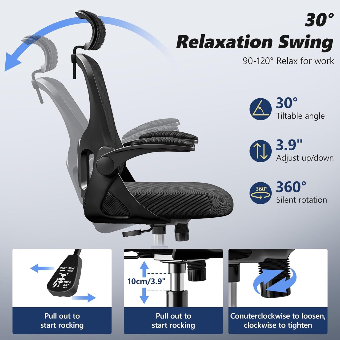 Ergonomic Office Chair, High Back Desk Chair with Flip-Up Arms, 300 LBS Mesh Computer Chair with Adjustable Headrest & Lumbar Support, Comfy Gaming Chair for Adults, Home Office Desk Chairs (Black)