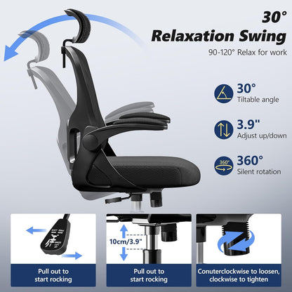Ergonomic Office Chair, High Back Desk Chair with Flip-Up Arms, 300 LBS Mesh Computer Chair with Adjustable Headrest & Lumbar Support, Comfy Gaming Chair for Adults, Home Office Desk Chairs (Black)