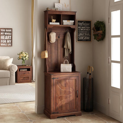 Farmhouse Narrow Coat Rack with Shoe Storage, 6 Shoe Cubbies & 4 Coat Hooks, Hall Tree with Shoe Storage, Entryway Bench with Adjustable Shelves for Hallway, Living Room, Mudroom, Brown