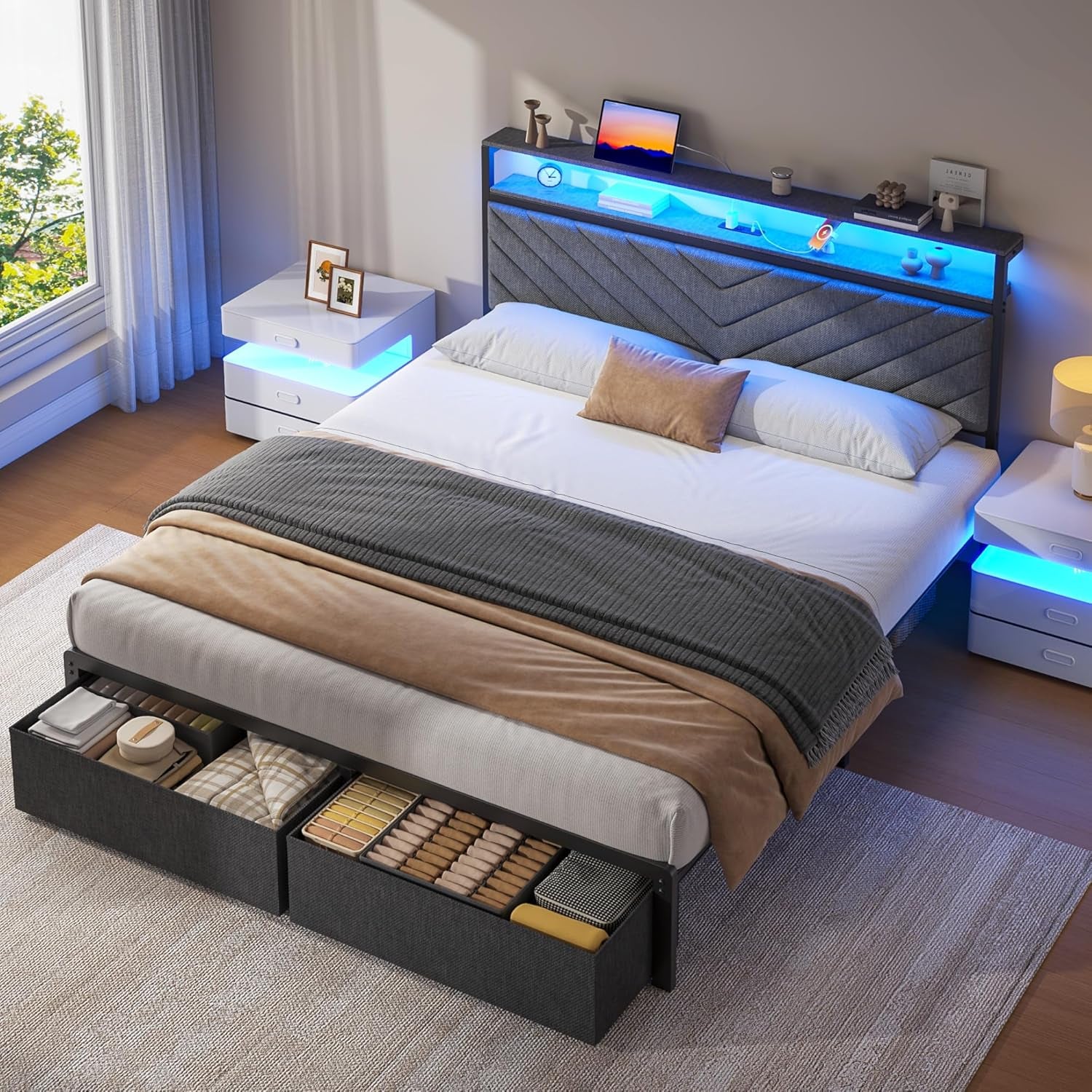 Queen Bed Frame with 2 Drawers, Upholstered Headboard with Storage and Charging Station, LED Lights, Fabric Drawers with Wheels, under Bed Storage, No Box Spring Needed, Easy Assembly, Grey