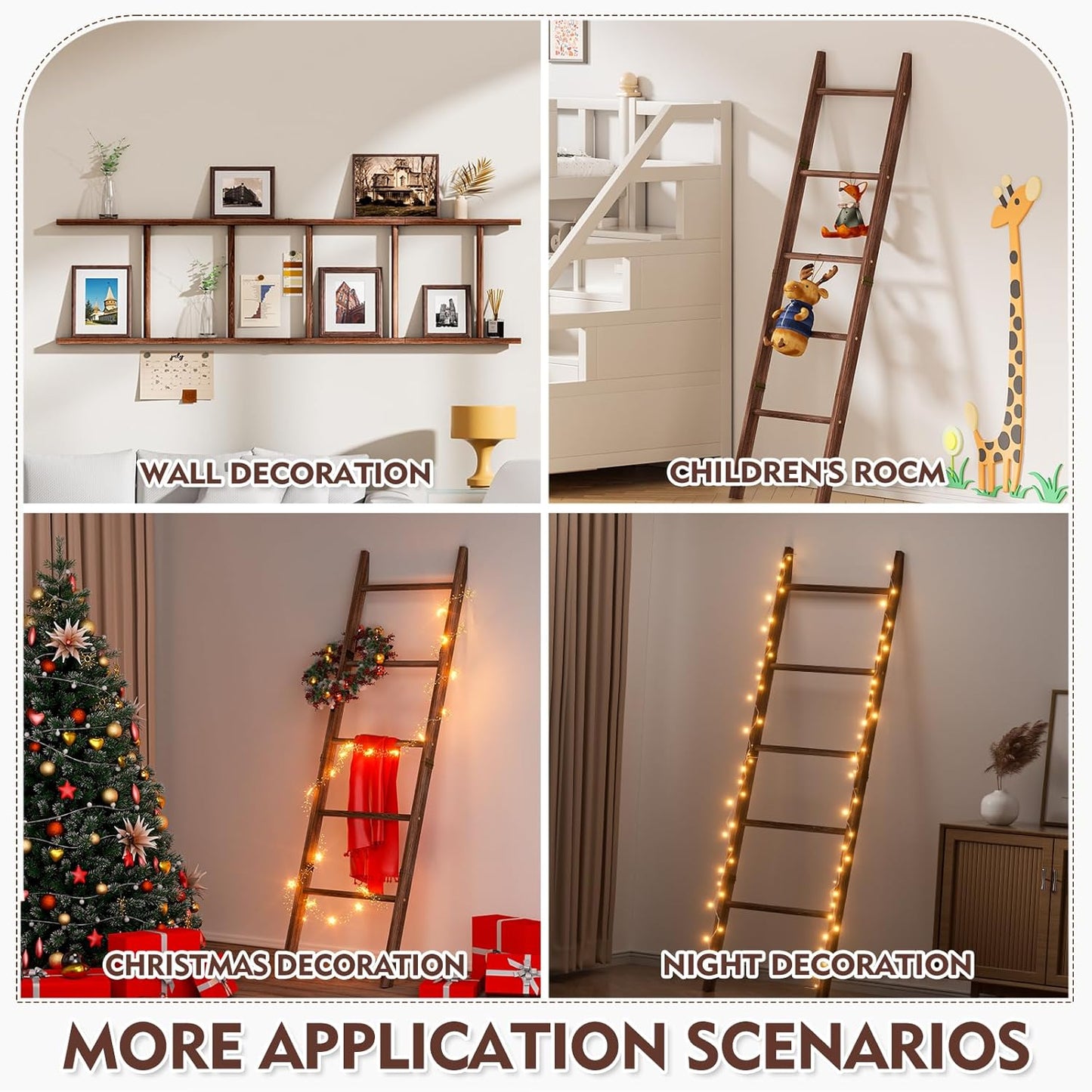 Blanket Ladder for Living Room, 5-Tier Wooden Ladder Shelf, Rustic Decorative Blanket Rack for Blankets, Quilts, Farmhouse Decor Ladder Shelf for Bedroom Bathroom Home Christmas Decor, Brown