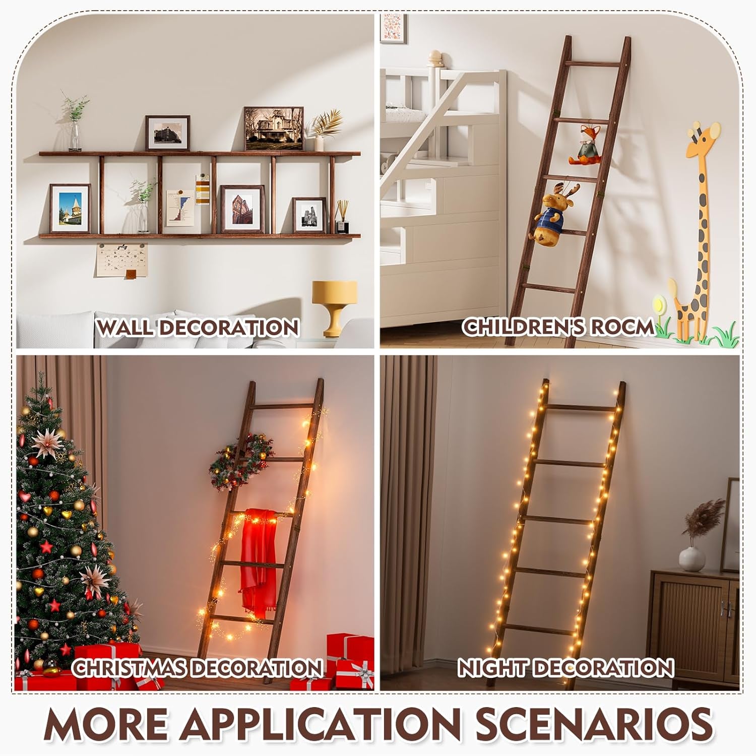 Blanket Ladder for Living Room, 5-Tier Wooden Ladder Shelf, Rustic Decorative Blanket Rack for Blankets, Quilts, Farmhouse Decor Ladder Shelf for Bedroom Bathroom Home Christmas Decor, Brown