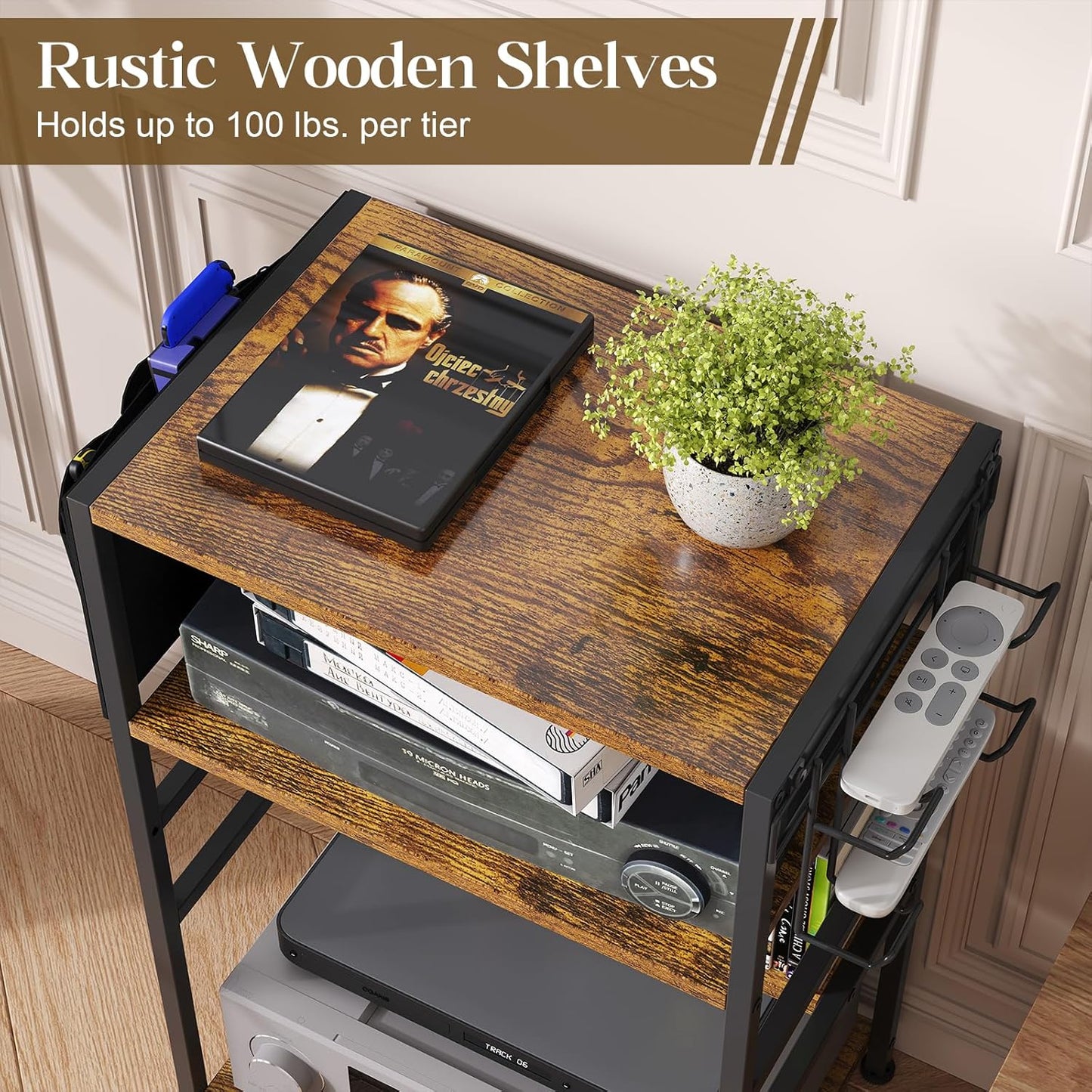 4-Tier AV Media Stand,Game Console Stand with 4 Hooks and Fabric Bags,Dvd Shelf,Media Storage Cabinet,Audio Rack Record Player Stand Small Entertainment Center for Home Dorm, Apartment