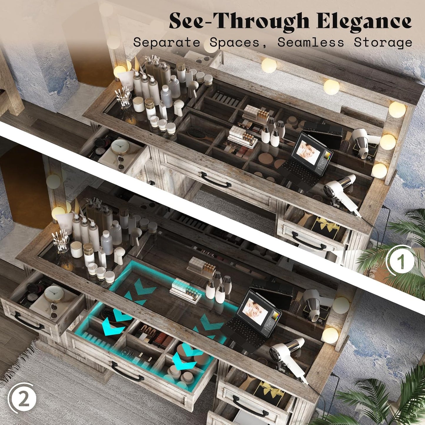 55" W Makeup Vanity with Hollywood Mirror, Glass Top Vanity with 5 Drawers & Charging Station, 10 Detachable Light Bulbs, Adjustable Brightness, Light Oak