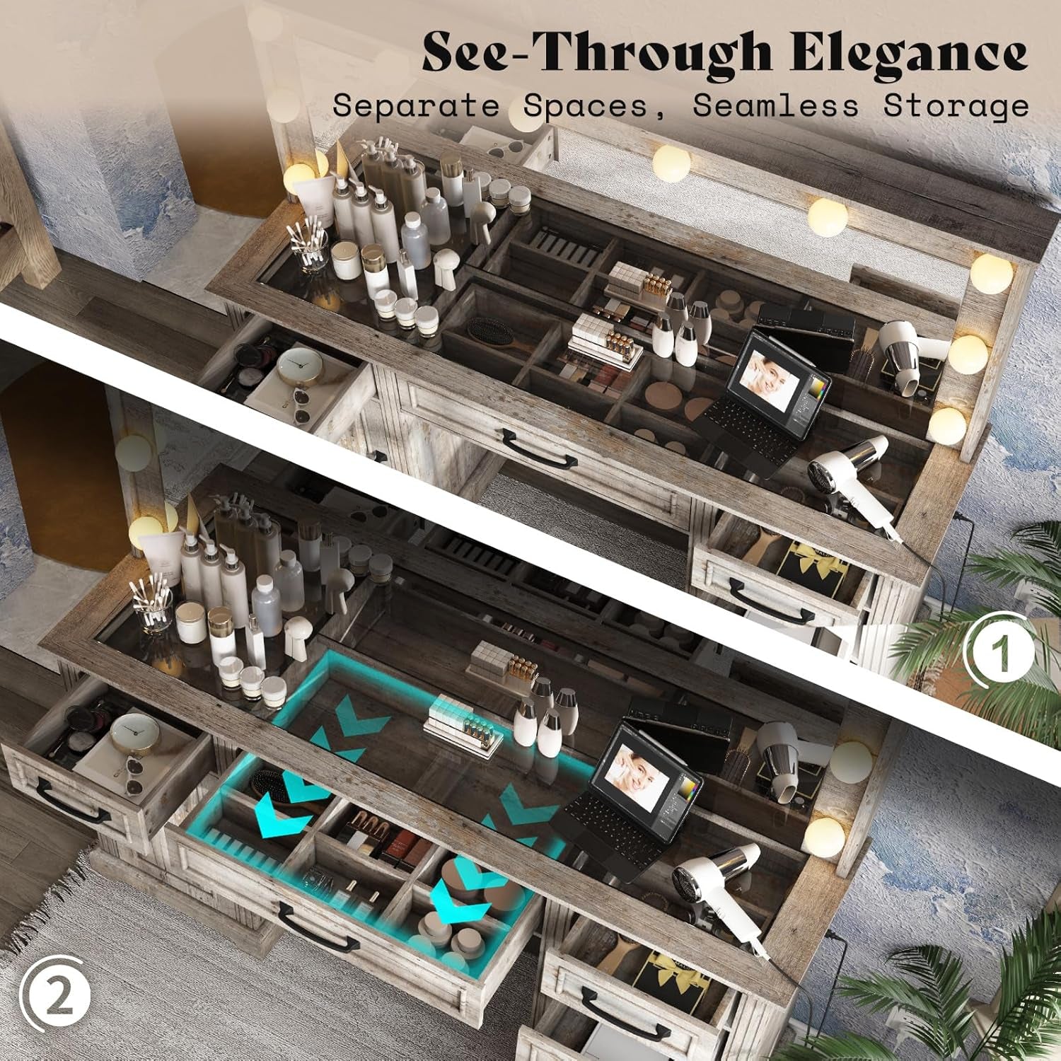 55" W Makeup Vanity with Hollywood Mirror, Glass Top Vanity with 5 Drawers & Charging Station, 10 Detachable Light Bulbs, Adjustable Brightness, Light Oak
