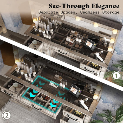 55" W Makeup Vanity with Hollywood Mirror, Glass Top Vanity with 5 Drawers & Charging Station, 10 Detachable Light Bulbs, Adjustable Brightness, Light Oak