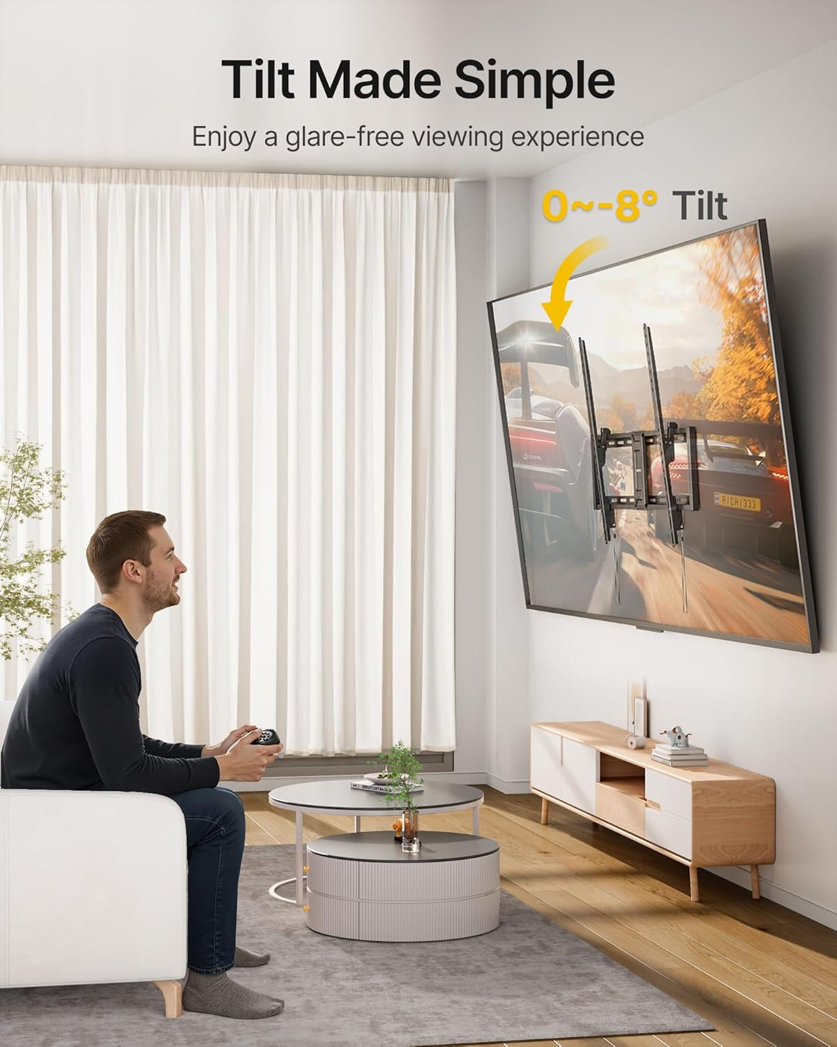 Heavy Duty Tilt TV Wall Mount for 43–100" Large Flat & Curved Tvs, Holds 200 Lbs, Ultra Slim Low Profile Bracket with 8° Tilt, Fits 16"/18"/24" Wood Studs, Max VESA 800X600, 4× Load Tested