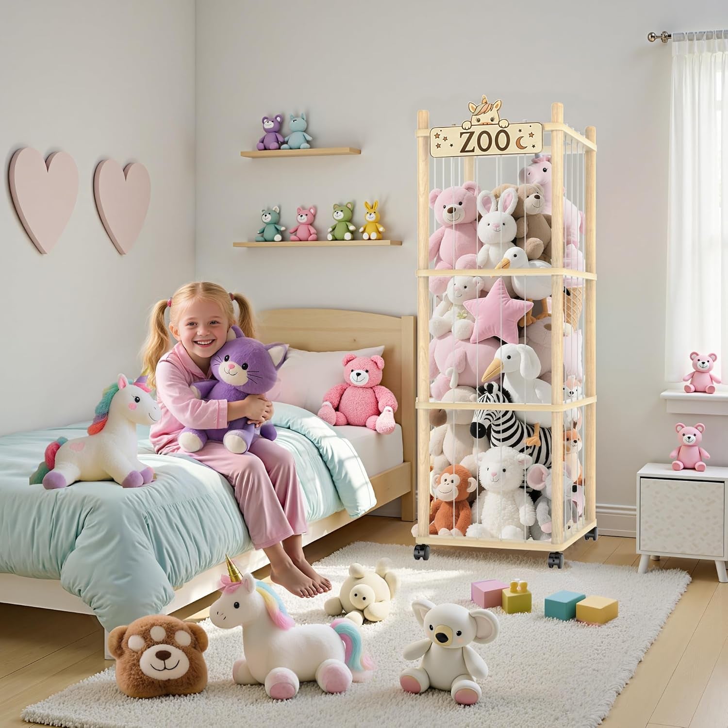 Stuffed Animal Storage Zoo Tower,56In Wooden Large Stuffed Animal Holder Organizer with Wheels,Stuffy Plushies Storage with Elastic Band&Mesh Bottom,Toy Storage Organizers for Playroom Bedroom Nursery