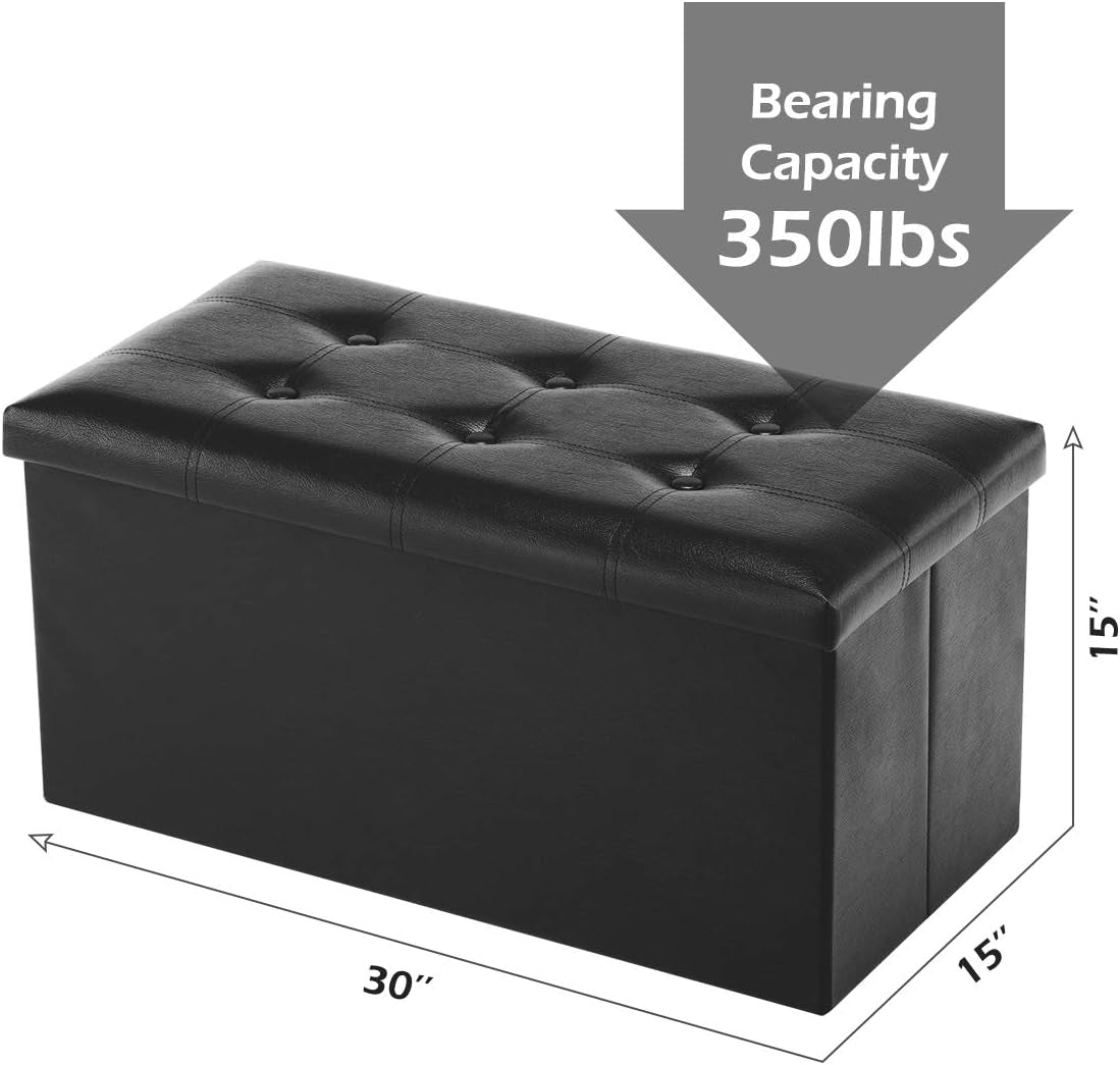 Folding Storage Ottoman Bench, Faux Leather Footrest Couch for Living Room, 30 Inch Storage Bench with Padded Seat for Bedroom Hallway, Holds up to 350Lbs, Black
