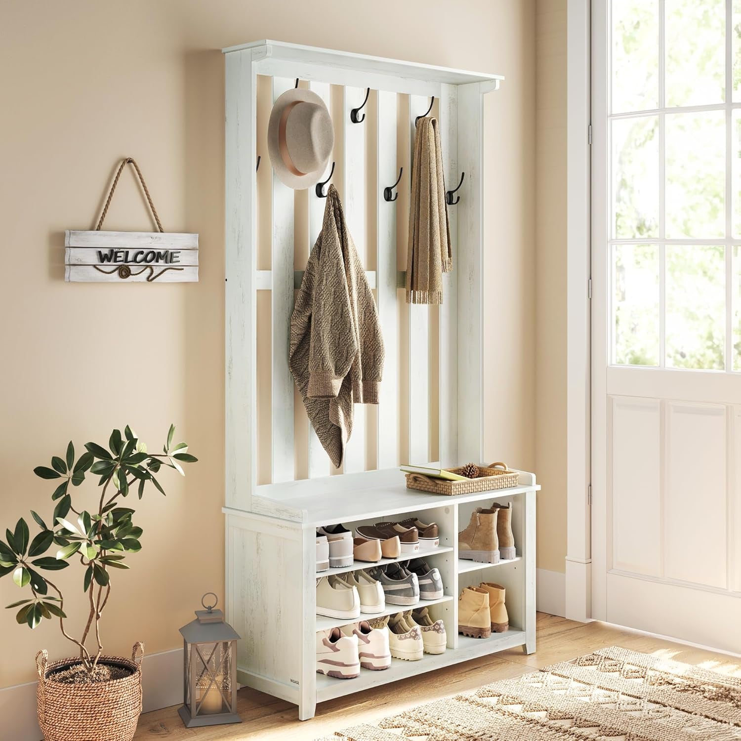Hall Tree with Bench and Shoe Storage, Coat Rack with Shoe Bench, 7 Double Hooks for Jackets, Hats, Entryway, Bedroom, Living Room, 13.8 X 31.9 X 70.9 Inches, Rustic White UHSR414W01