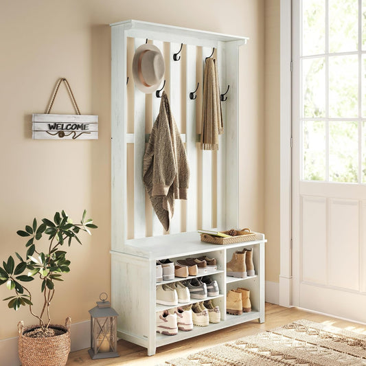 Hall Tree with Bench and Shoe Storage, Coat Rack with Shoe Bench, 7 Double Hooks for Jackets, Hats, Entryway, Bedroom, Living Room, 13.8 X 31.9 X 70.9 Inches, Rustic White UHSR414W01