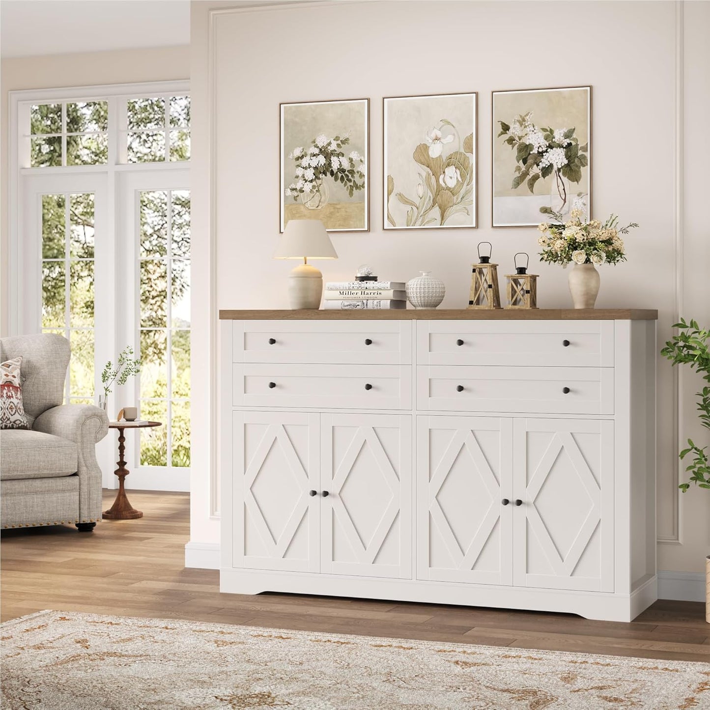 55" Coffee Bar with 4 Large Drawers, 40" Tall Buffet Cabinet with Storage, Kitchen Storage Cabinet, Modern Farmhouse Sideboard Buffet, Adjustable Shelves for Living Room, White