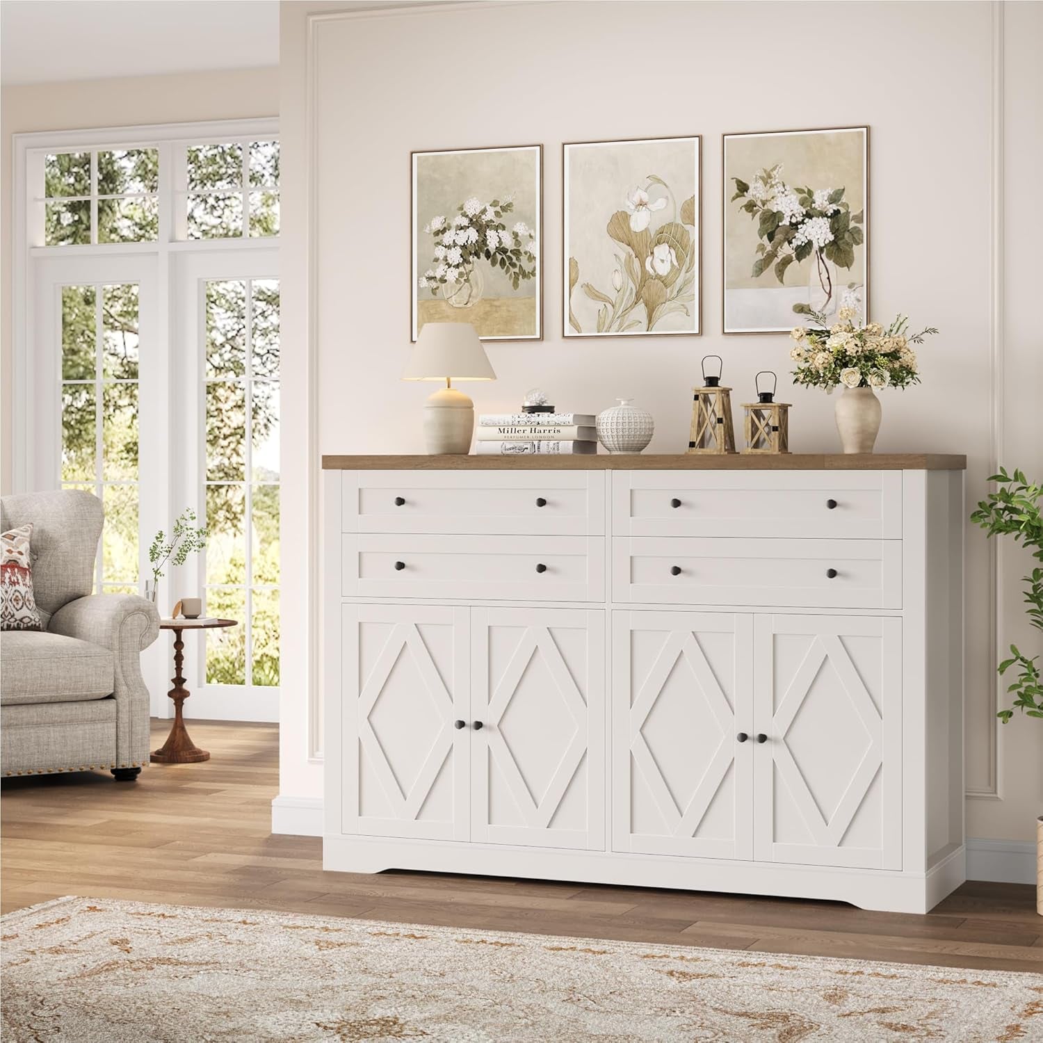 55" Coffee Bar with 4 Large Drawers, 40" Tall Buffet Cabinet with Storage, Kitchen Storage Cabinet, Modern Farmhouse Sideboard Buffet, Adjustable Shelves for Living Room, White
