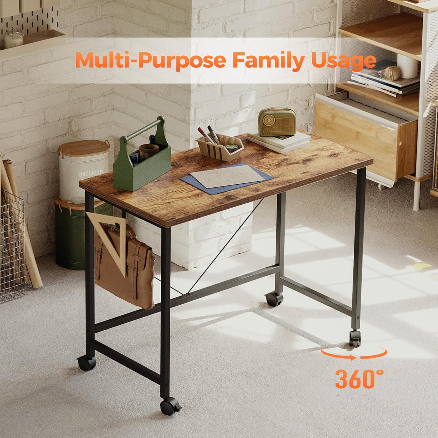 Rolling Computer Desk with Wheels, Gaming Desk for Small Spaces, Modern Simple Style Table for Home Office, Study Writing Table