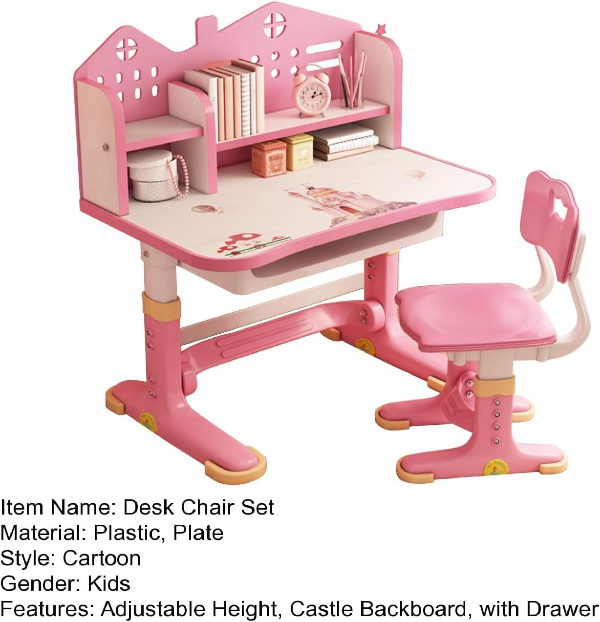 Kids Adjustable Study Desk & Chair Set W/Storage,Drawers,Bookshelf,Child Toddler Writing Homework Table,Little Girl Work Computer Desk,Princess Preschool Desk,Escritorio Mesas Para Niña (Pink A)