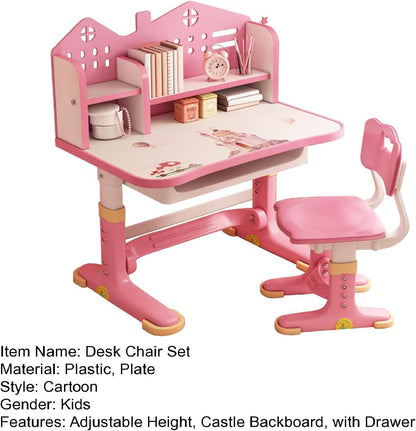 Kids Adjustable Study Desk & Chair Set W/Storage,Drawers,Bookshelf,Child Toddler Writing Homework Table,Little Girl Work Computer Desk,Princess Preschool Desk,Escritorio Mesas Para Niña (Pink A)
