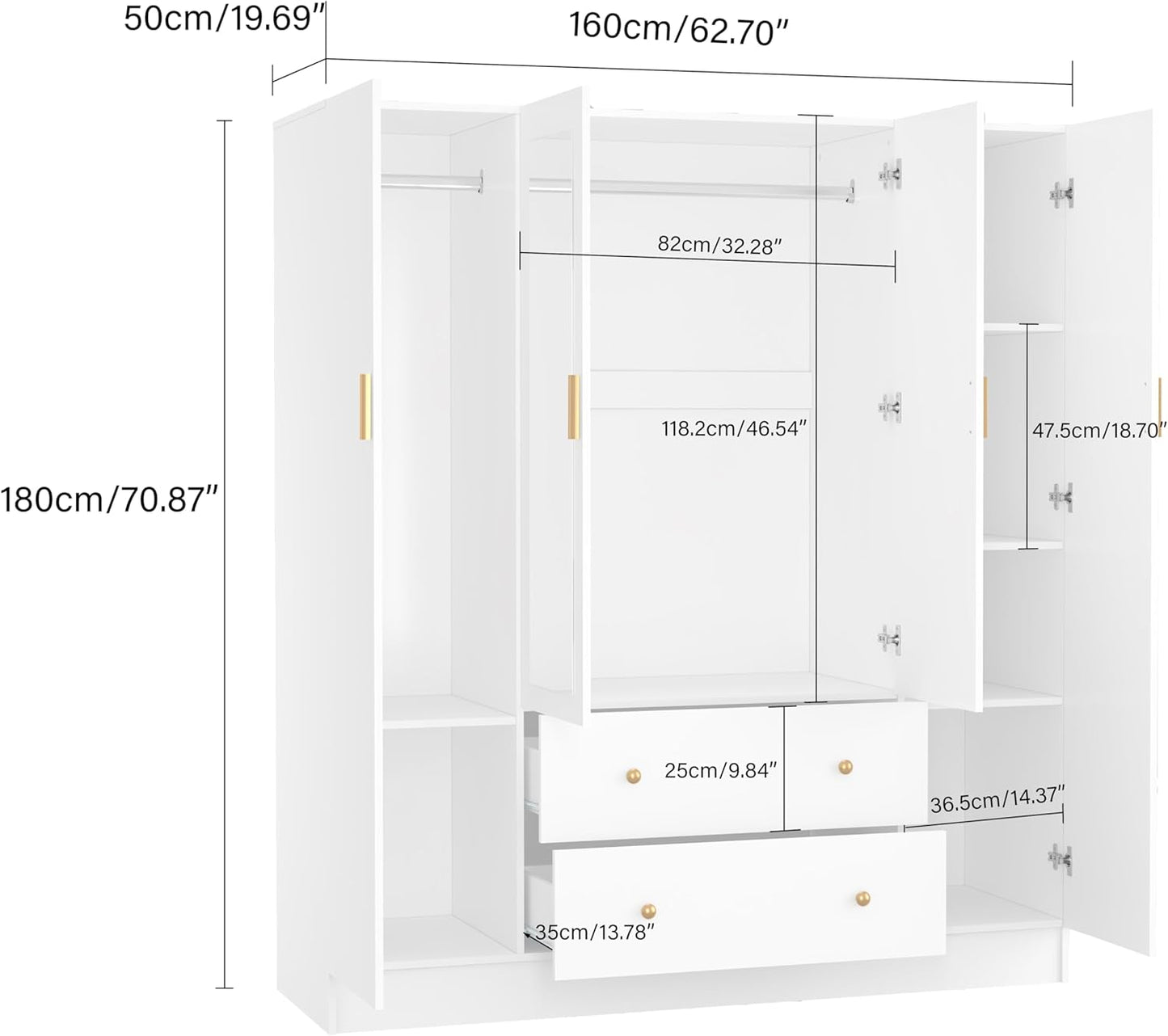 Bedroom Armoires Wardrobe Closet with 4 Doors 2 Drawers and Mirror, Large Shelves Hanging Rods for Bedroom, 62.7" W X 19.7" D X 70.8" H