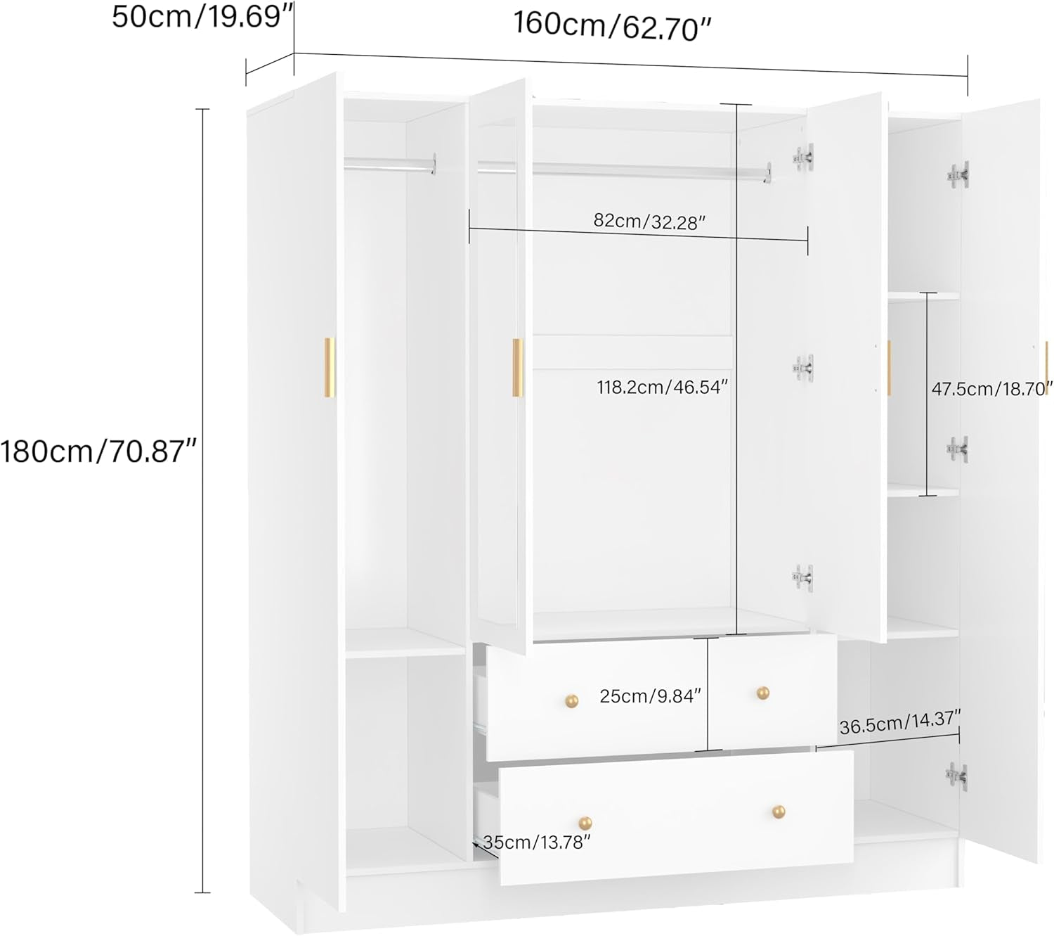 Bedroom Armoires Wardrobe Closet with 4 Doors 2 Drawers and Mirror, Large Shelves Hanging Rods for Bedroom, 62.7" W X 19.7" D X 70.8" H