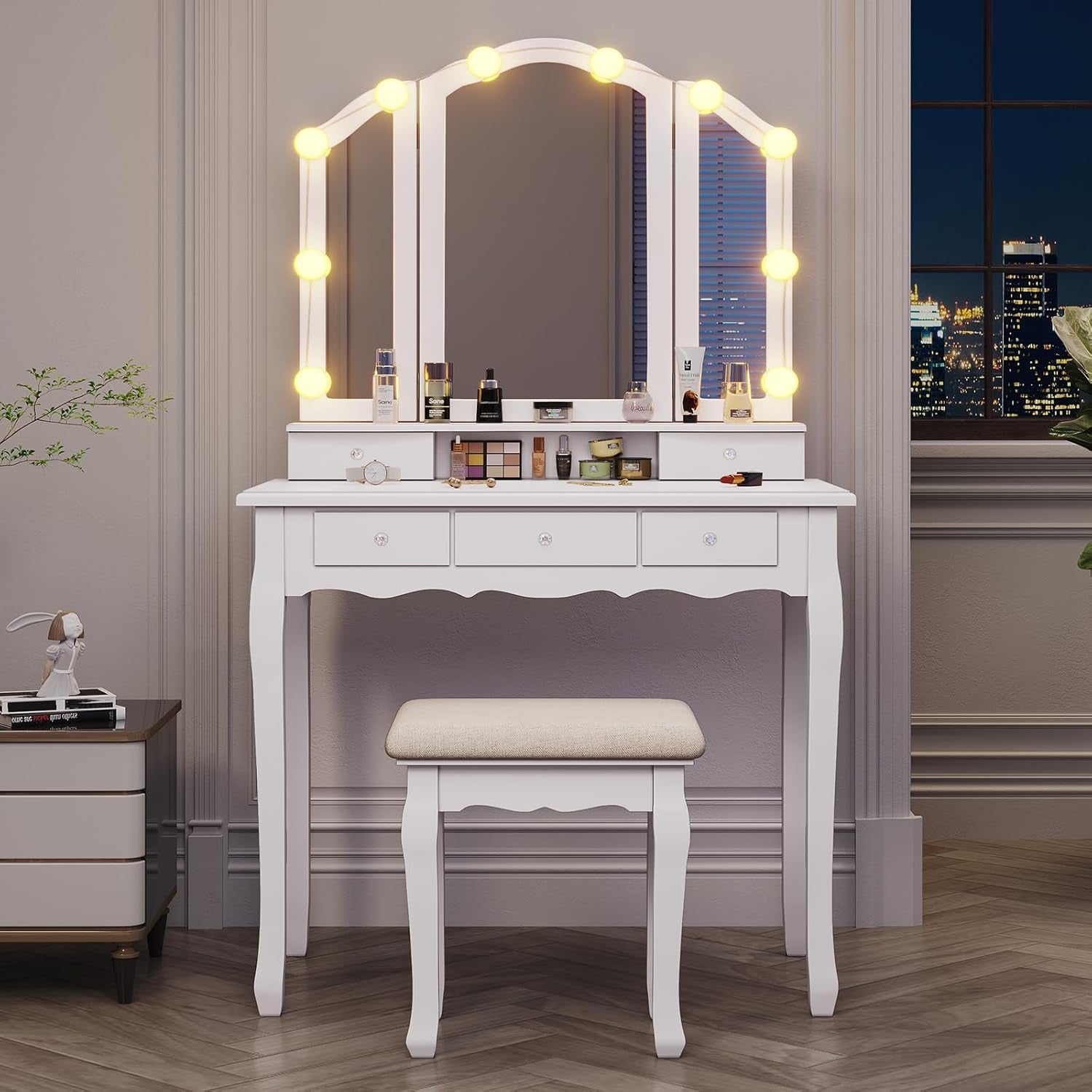 Vanity Table Set with Lighted Tri-Folding Mirror, Makeup Vanity with Lights & 3 Color Lighting Modes, Vanity Desk with Mirror and Cushioned Stool, Makeup Table with 5 Drawers, White
