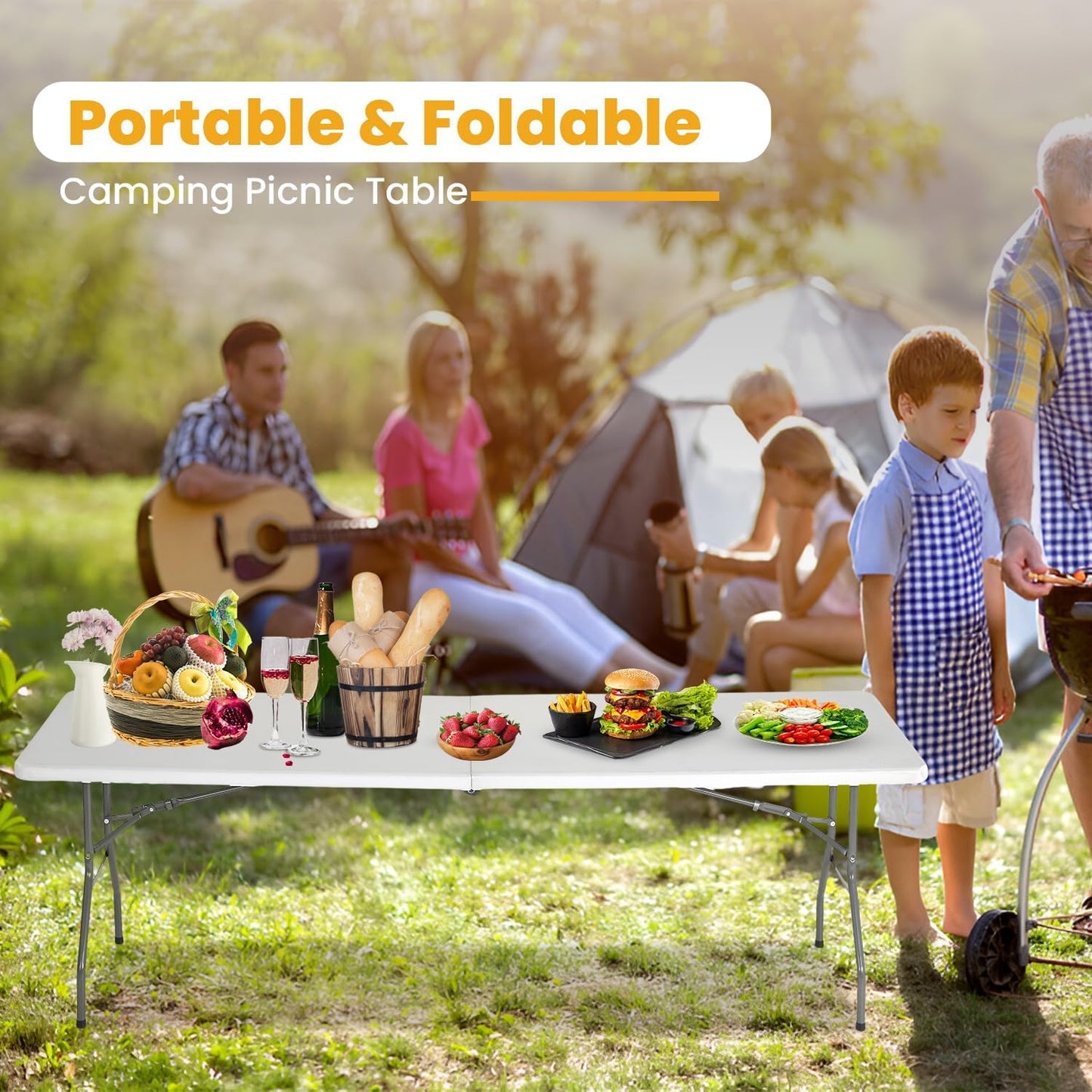 6FT Folding Picnic Table for Outdoor, Portable Fold-In-Half Plastic Dining Picnic Party Table with Carrying Handle