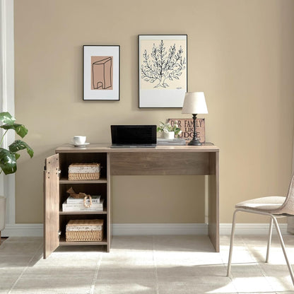 Farmhouse Style Home Office Laptop Computer Desk with One Cabinet and Three Shelves, Durable Study Writing Table with Metal Euro Cabinet Hinges