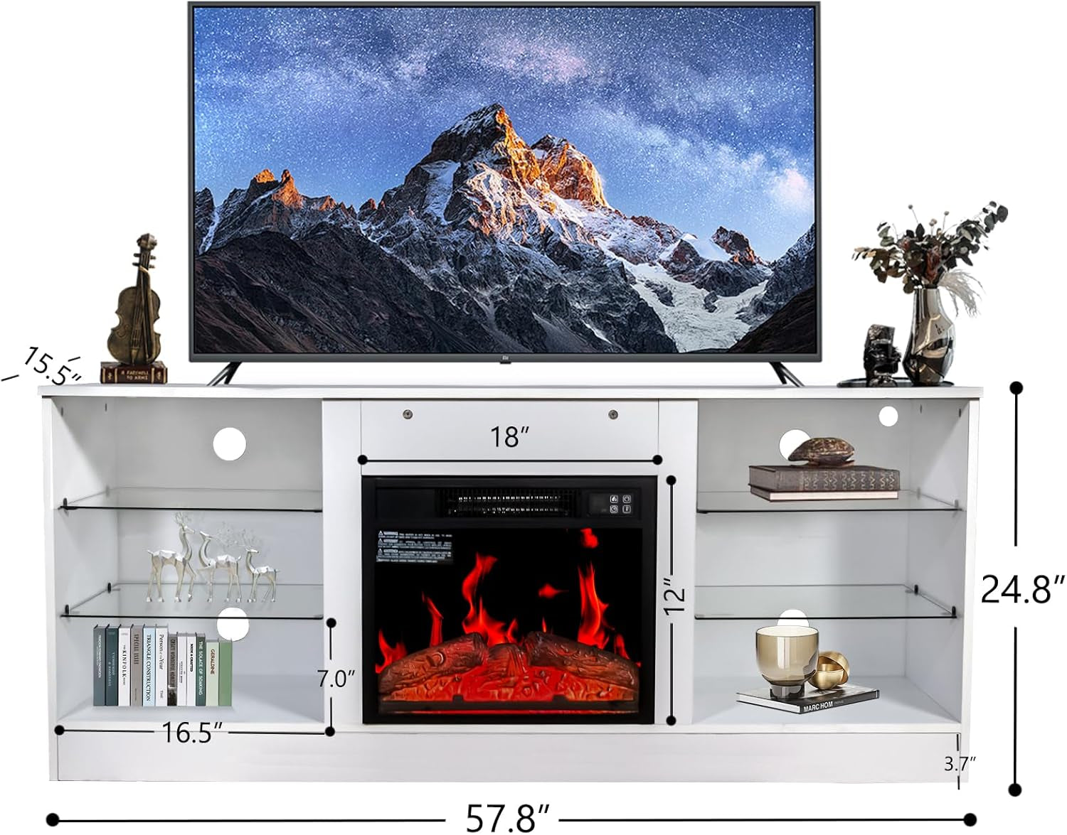 Fireplace TV Stand with LED Lights, Modern Entertainment Center with Electric Fireplace for TV up to 65", TV Console Table with Open Storage Shelves for Living Room Bedroom (White)