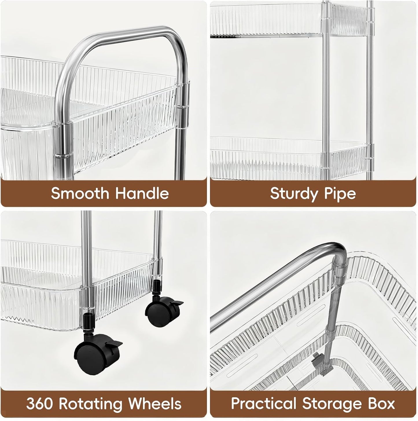 3 Tier Rolling Cart with Lockable Wheels, Clear Acrylic Utility Trolley with Handle, Heavy-Duty Storage Organizer for Kitchen Bathroom Nursery Laundry - Snack Book Craft Organizer (Clear)