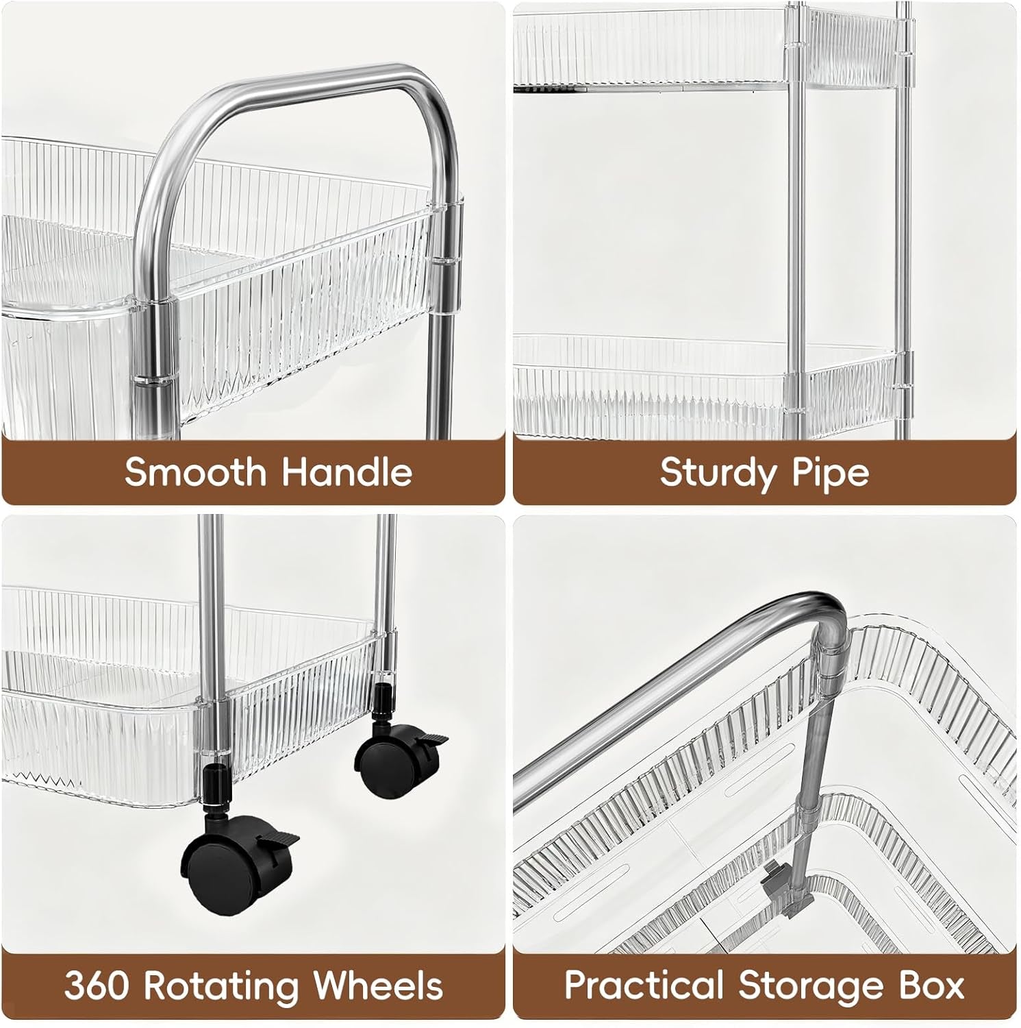 3 Tier Rolling Cart with Lockable Wheels, Clear Acrylic Utility Trolley with Handle, Heavy-Duty Storage Organizer for Kitchen Bathroom Nursery Laundry - Snack Book Craft Organizer (Clear)