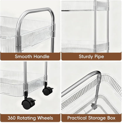 3 Tier Rolling Cart with Lockable Wheels, Clear Acrylic Utility Trolley with Handle, Heavy-Duty Storage Organizer for Kitchen Bathroom Nursery Laundry - Snack Book Craft Organizer (Clear)